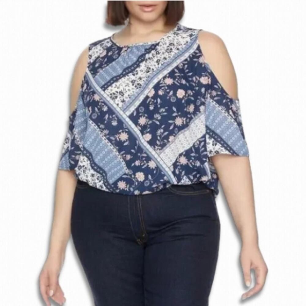 Cooper & Ella Cold Shoulder Blouse Flounce Sleeve Floral Design Blue Pink 3X NWT